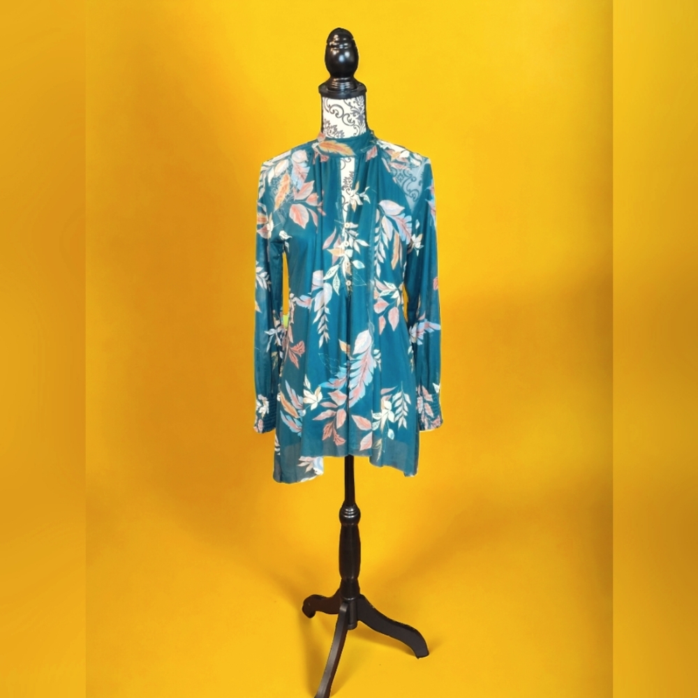 NWT Gimmicks by BKE Sheer Botanical Print Full Sleeve Long Flowy Tunic SZ XS